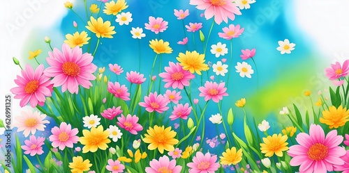 Spring flowers cartoon. AI generated illustration