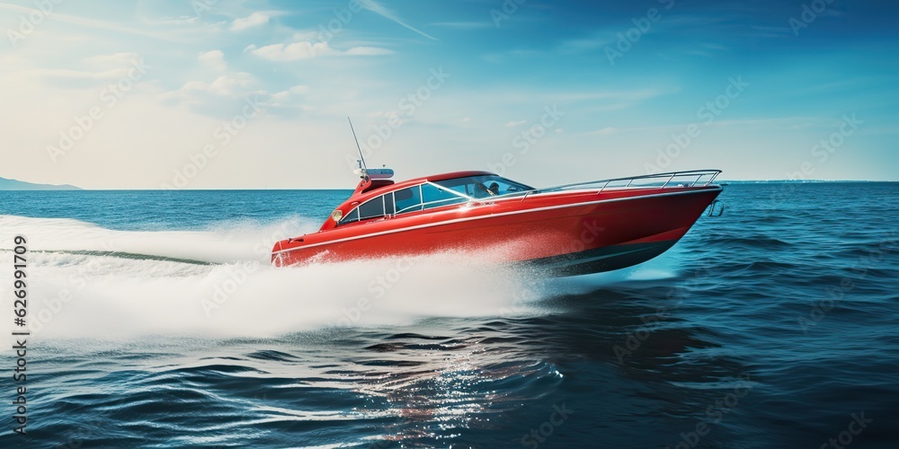 Fototapeta premium AI Generated. AI Generative. Fast speed boat ship yacht in the open sea ocean cruise vacation. Graphic Art