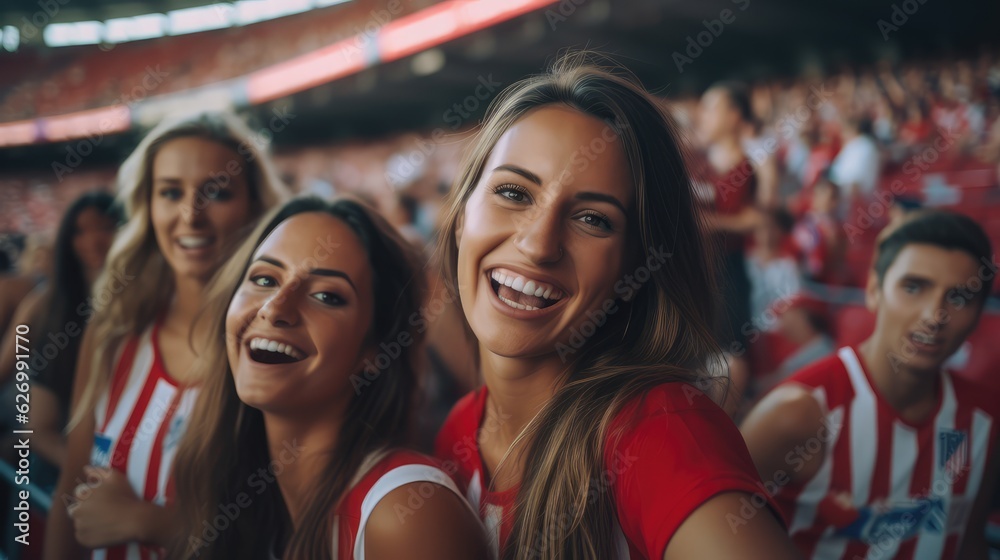 Fototapeta premium attractive girls group as soccer fan exicting football match and cheer up in stadium, Generative AI