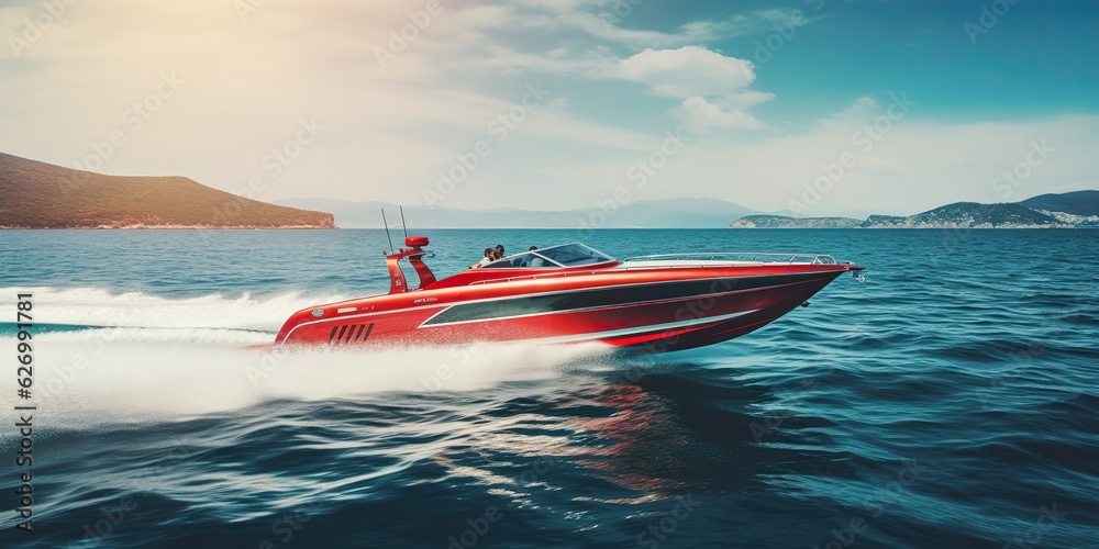 Fototapeta premium AI Generated. AI Generative. Fast speed boat ship yacht in the open sea ocean cruise vacation. Outdoor water sky adventures