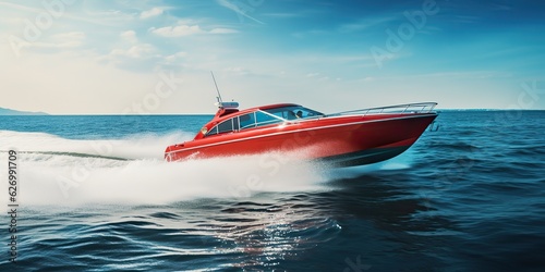 AI Generated. AI Generative. Fast speed boat ship yacht in the open sea ocean cruise vacation. Graphic Art © AkimD
