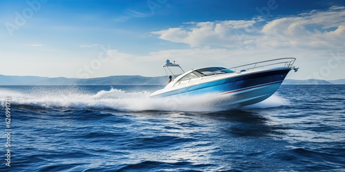 AI Generated. AI Generative. Fast speed boat ship yacht in the open sea ocean cruise vacation. Graphic Art © AkimD