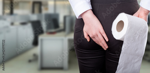 Woman with diarrhea holding her buttocks and toilet paper