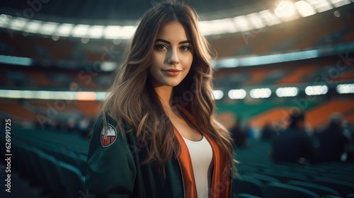attractive girl as soccer fan cheer up in stadium, Generative AI