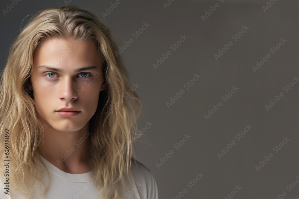 Close-up portrait of a very handsome teenager with blue gray eyes, and long blond hair, wearing a white t-shirt - copy space, isolated, gray background Close-up portrait of a very handsome teenager with blue gray eyes, and long blond hair, wearing a white t-shirt - copy space, isolated, gray background
