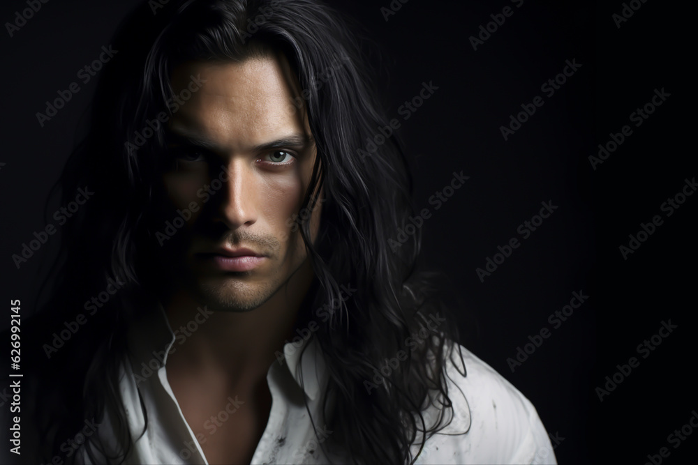 Close-up portrait of a very handsome man with green eyes, long dark ...