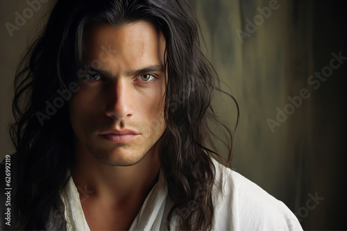 Close-up portrait of a very handsome man with green eyes, long dark brown hair, and a stubble beard, wearing a white shirt - copy space, isolated, dark background