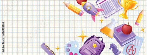 3D back to school vector background, stationery flying objects, kids education banner, backpack. Online children education, internet sale event, learn dictionary book, graduate cup. Art school banner