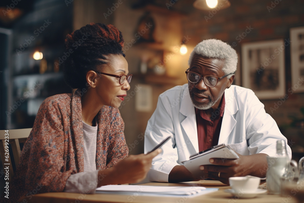 African American doctor consults an elderly patient. Medical consultation. AI generated. African American doctor consults an elderly patient. Medical consultation. AI generated.