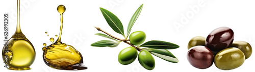 Olive oil set. Drops of olive oil close-up. Olive branch with green olives. The olives are together. Isolated on a transparent background. KI.