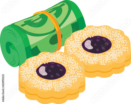 Jam cookie icon isometric vector. Fresh cookie with jam and rolled dollar bill. Dessert, sweet food