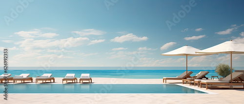 The hotel pool with lounges and umbrellas by the beach. Generative AI