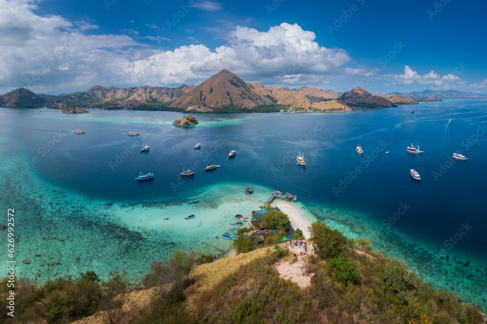 Panoramic view of Kelor Island in a beautiful morning from Komodo Island National Park, Labuan Bajo, Flores, Indonesia. 