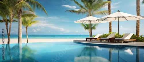 Photo Luxurious swimming pool and loungers umbrellas near beach and sea with palm trees and blue sky