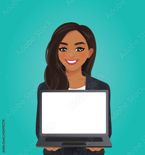 Indian elegant business woman holding blank empty screen laptop pc computer isolated on blue green background vector illustration