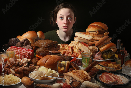Overeating harm concept. A hungry person drowns in a pile of food. AI generated.