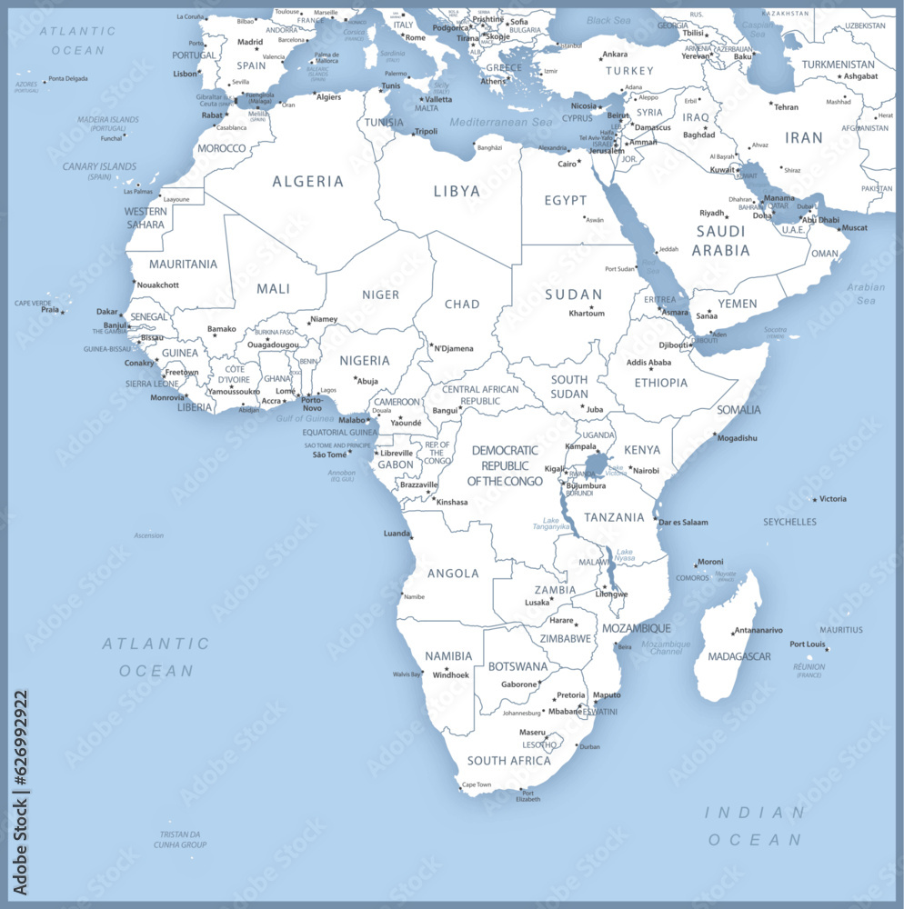Map of African Continent with names of countries, capitals and cities ...