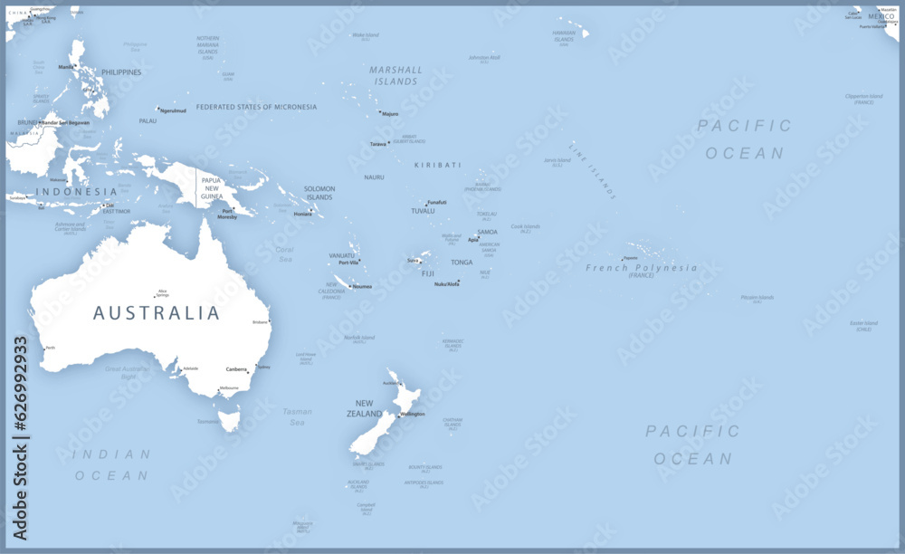 Map of Australia and Oceania with names of countries, capitals and cities.