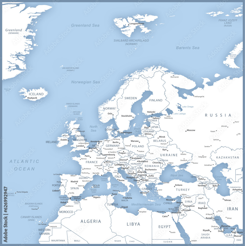 Map of Europe with names of countries, capitals and cities.