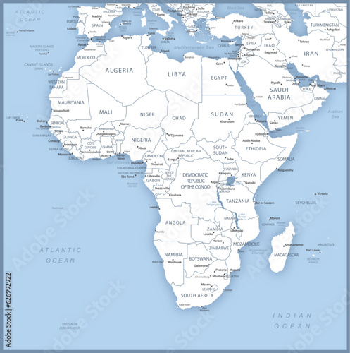 Map of African Continent with names of countries, capitals and cities.