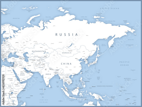 Map of Asia with names of countries, capitals and cities.