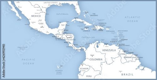 Map of Central America with names of countries, capitals and cities. photo