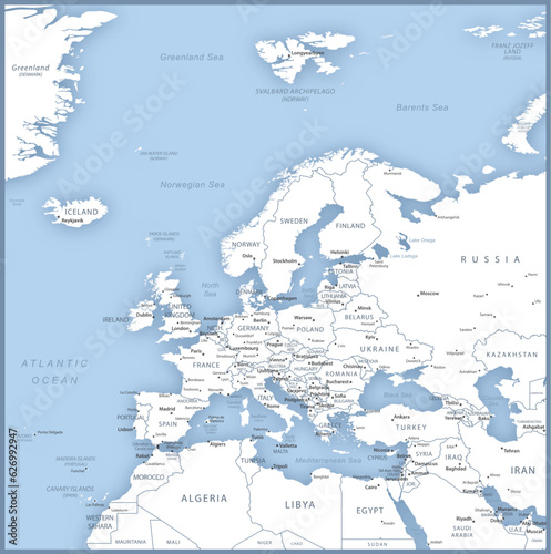 Map of Europe with names of countries  capitals and cities.