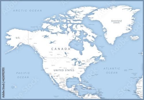 Map of North America with names of countries  capitals and cities.
