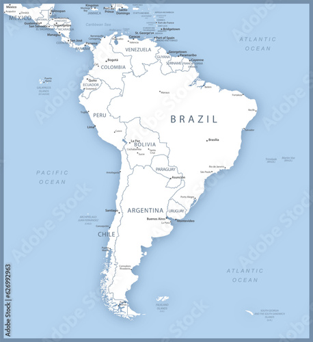 Map of South America with names of countries  capitals and cities.