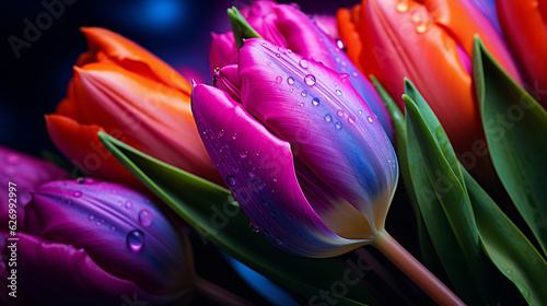 Group of colorful tulips flower. Close-up fresh spring flowers. Beautiful floral wallpaper, poster or holidays card. Spring nature background for web banner and card design. Generative AI