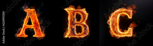 Capital letters of the English alphabet A, B, C consisting of a flame. Burning letters. Letter of fire flames alphabet on black background.