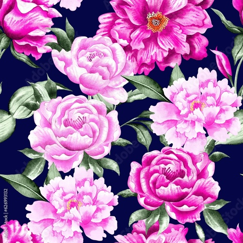 Watercolor flowers pattern  pink tropical elements  green leaves  navy blue background  seamless