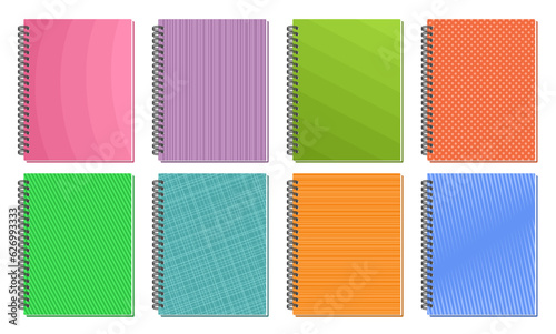 Vector Spiral Notebook Covers, lot collection of 8 cut out illustrations of different spiral notebook modern cover design, group of closed colorful paper notebooks with blank cover on white background