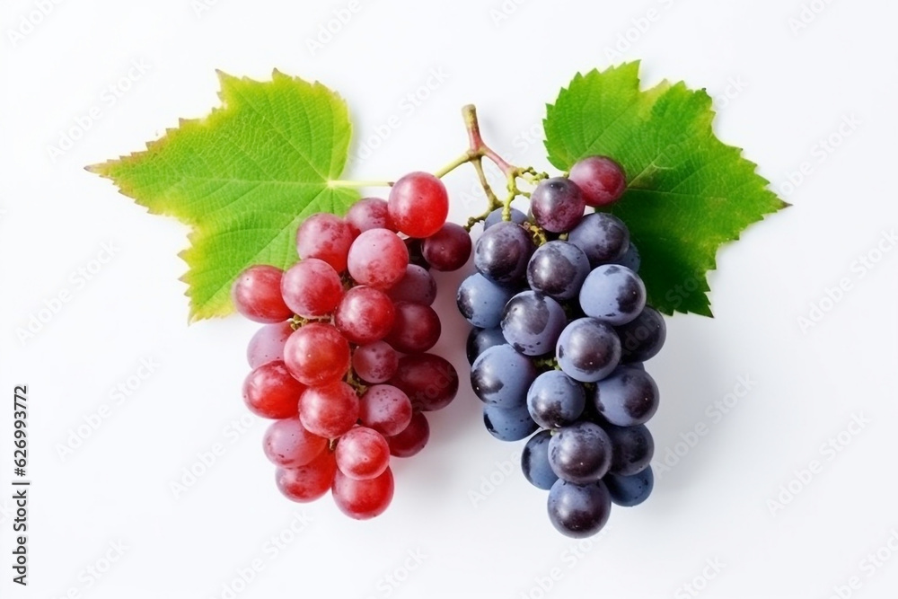 Red and blue grapes with leaves isolated on white background.Generative Ai. Red and blue grapes with leaves isolated on white background.Generative Ai.