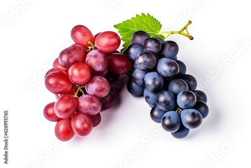 Red and blue grapes with leaves isolated on white background.Generative Ai.
