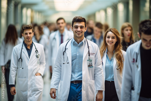 Medical students are walking along the corridor of the Medical University. AI generated. photo