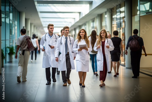 Medical students are walking along the corridor of the Medical University. AI generated.