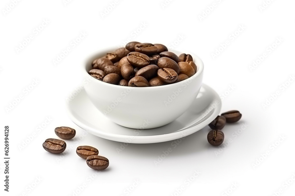Coffee beans with white bowl isolated on white background.Generative Ai. Coffee beans with white bowl isolated on white background.Generative Ai.