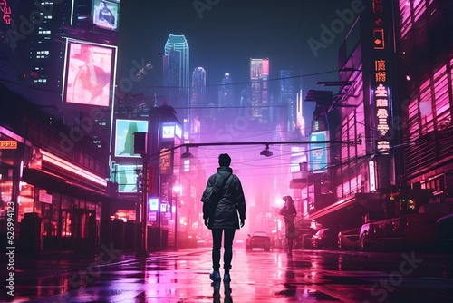 boy walking in a cyberpunk style city street. generative AI illustration.