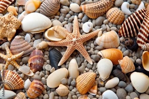Sea shells and starfish on the sand.Generative Ai.