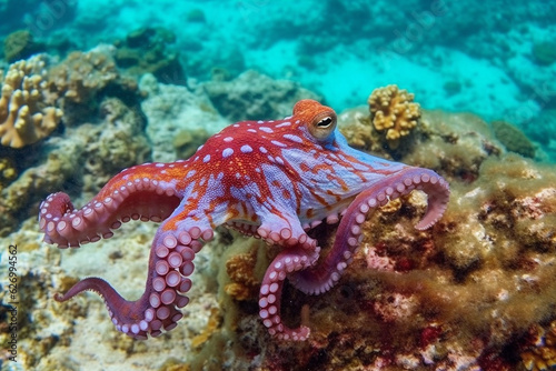 Red Octopus on coral reef in the Sea.Generative Ai.