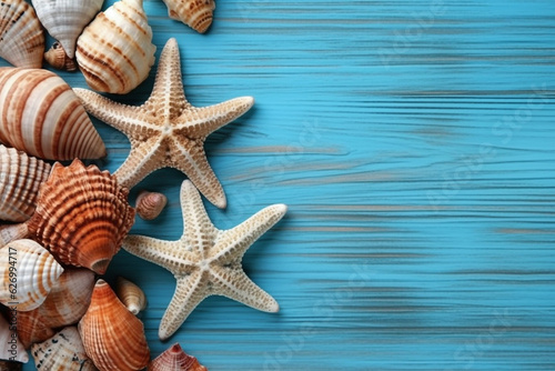 Shells and star fish on a wooden blue background.Generative Ai.