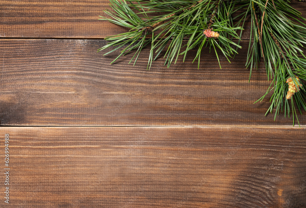 Flat lay of pine branches. Coniferous tree decoration on a brown wooden background. Festive new year concept or product mockup. Flat lay of pine branches. Coniferous tree decoration on a brown wooden background. Festive new year concept or product mockup.