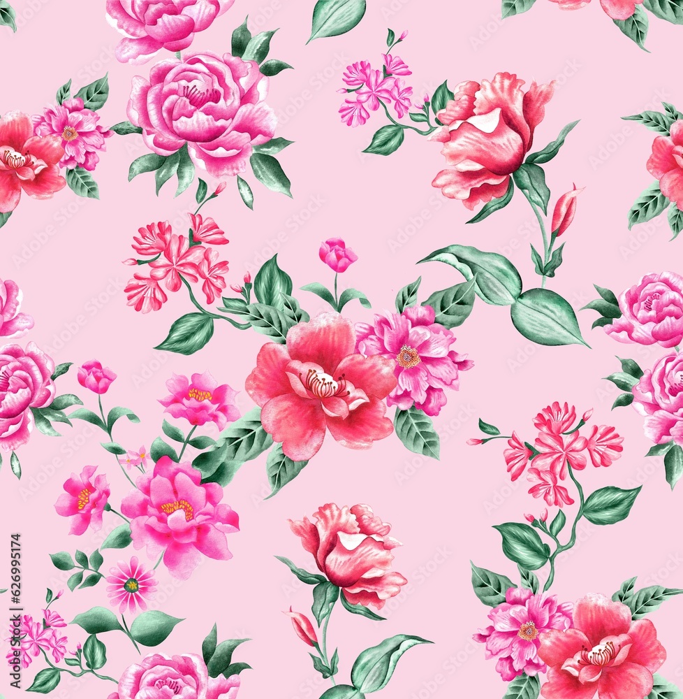 Watercolor flowers pattern, red and pink tropical elements, green leaves, pink background, seamless