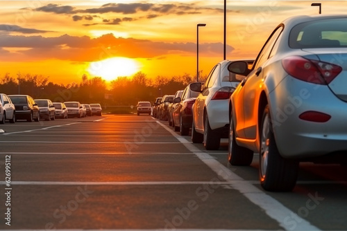 Car rental parking on the asphalt road with sunset.Generative Ai.