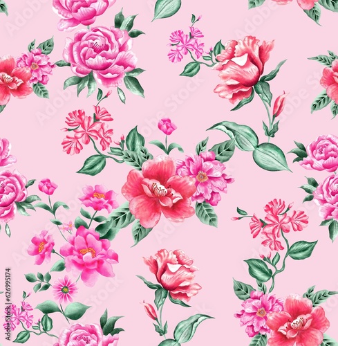 Fototapeta Naklejka Na Ścianę i Meble -  Watercolor flowers pattern, red and pink tropical elements, green leaves, pink background, seamless