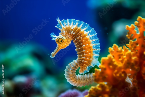 Seahorses on coral reefs in the sea.Generative Ai. © Inlovehem