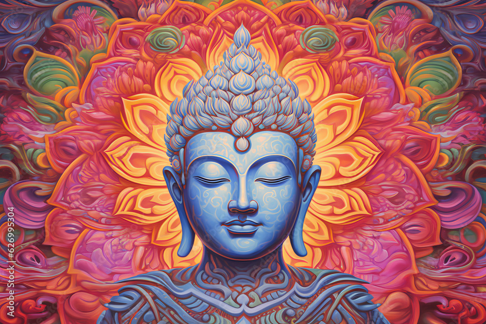 Colorful psychedelic painting of the Buddha meditating, illustrating mind expansion, enlightenment and spiritual awakening through meditation practice. Generative AI.