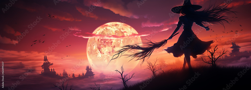 Witch with a broom on Halloween night against the background of the full moon.