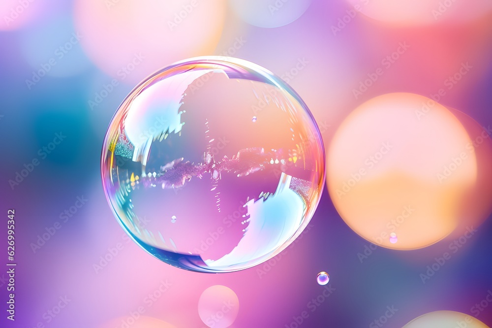 A bubble close up shot in front of pastel colorful background. A bubble close up shot in front of pastel colorful background.